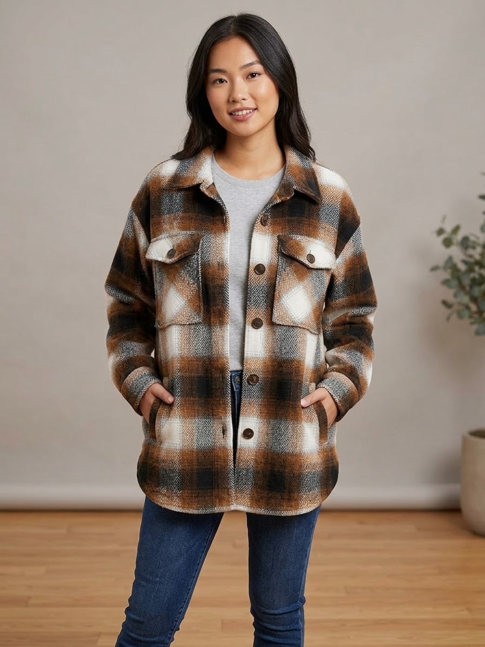 Member's Mark Brown Plaid Women's Flannel Jacket Coat Shacket Size XL